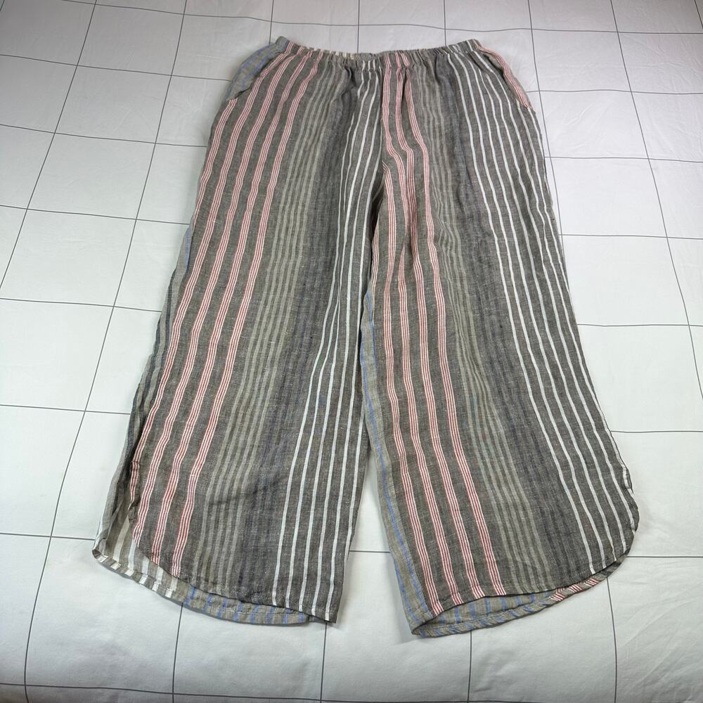 Flax Pants Womens Medium Gray Tan Striped Linen Pull On Ankle Relaxed Boho Wide